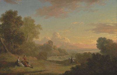 Eine imaginäre Landschaft mit einem Reisenden und Figuren, die die Bucht von Baiae überblicken von Thomas Jones